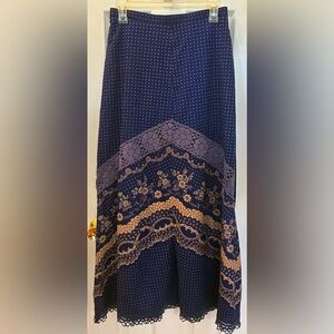 Vintage Bright Navy Prairie Maxi Skirt with Crochet Lace and Floral Accents